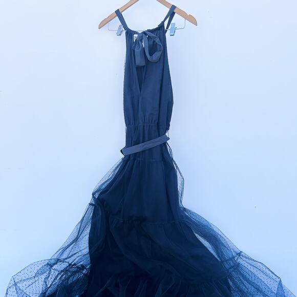 Zara Tulle Tiered Swiss Dot Gown Maxi Holiday Dress Black Belted Witchy Small - Picture 3 of 11